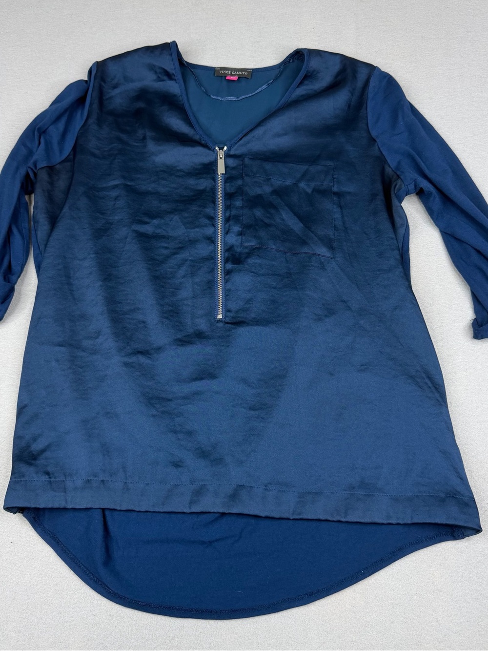 Vince Camuto Mixed Media Zip Neck Blouse Navy Petite Small Career Top